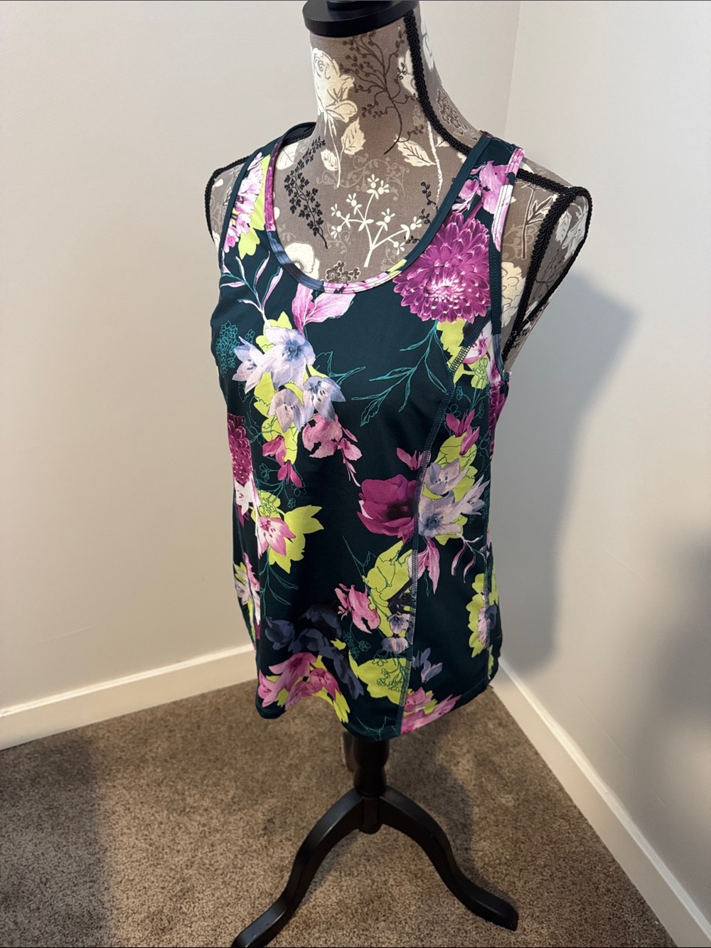 Fila Floral Scoop Neck Tank Top - Teal with Pink & Lime Accents